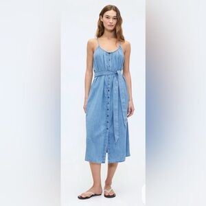 Gap Tie-Waist Scoop-Neck Denim Beachy BoHo Chambray Maxi Dress NWT L Vacation